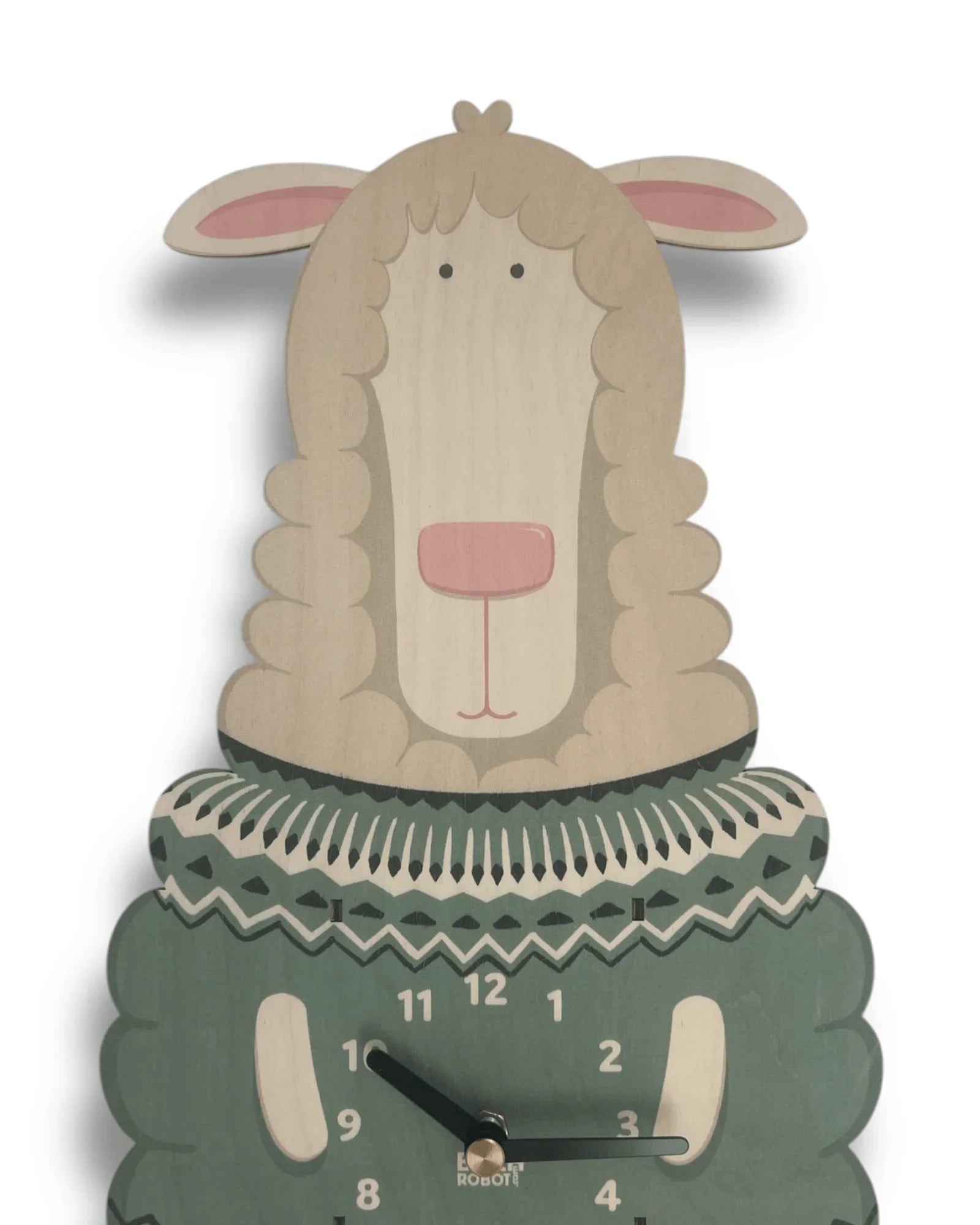 Handcrafted wooden sheep wall clock with unique illustration and green sweater design.