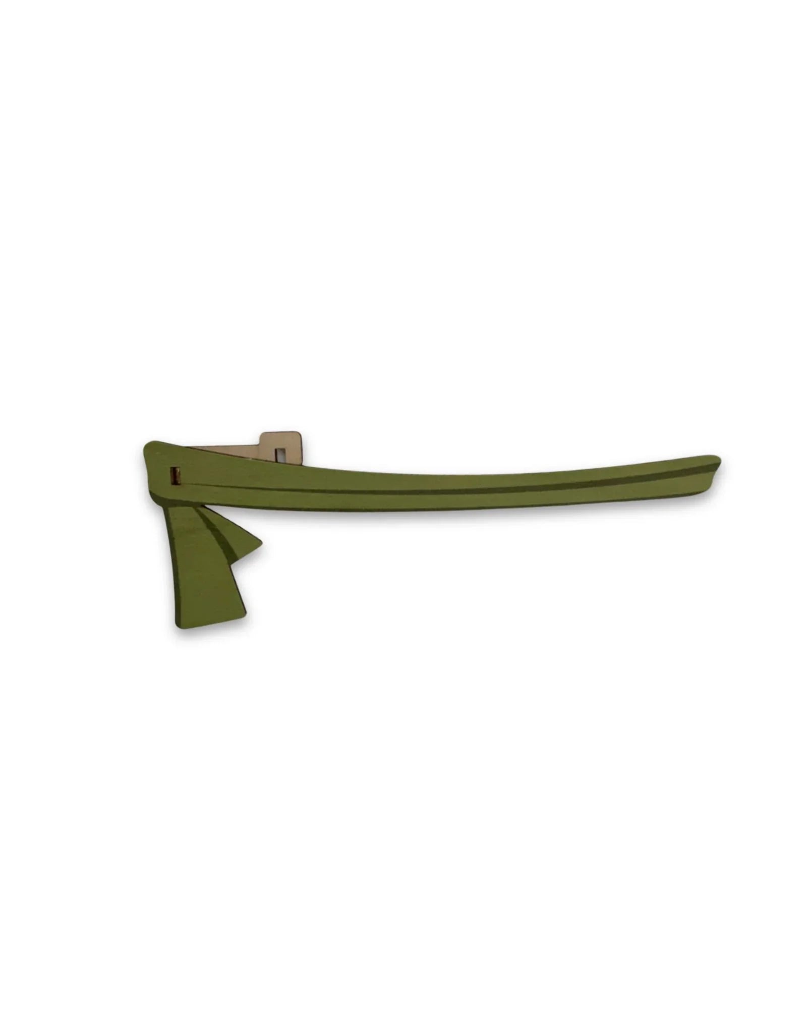 Green wooden clock hand with minimalist design on white background