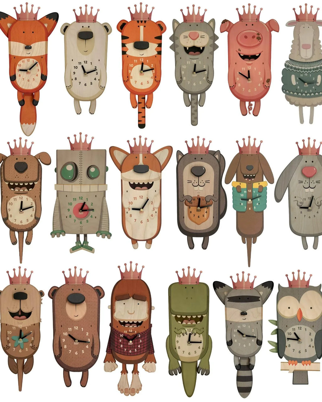 Cute animal-shaped wall clocks with crowns, handcrafted, colorful, and whimsical designs.