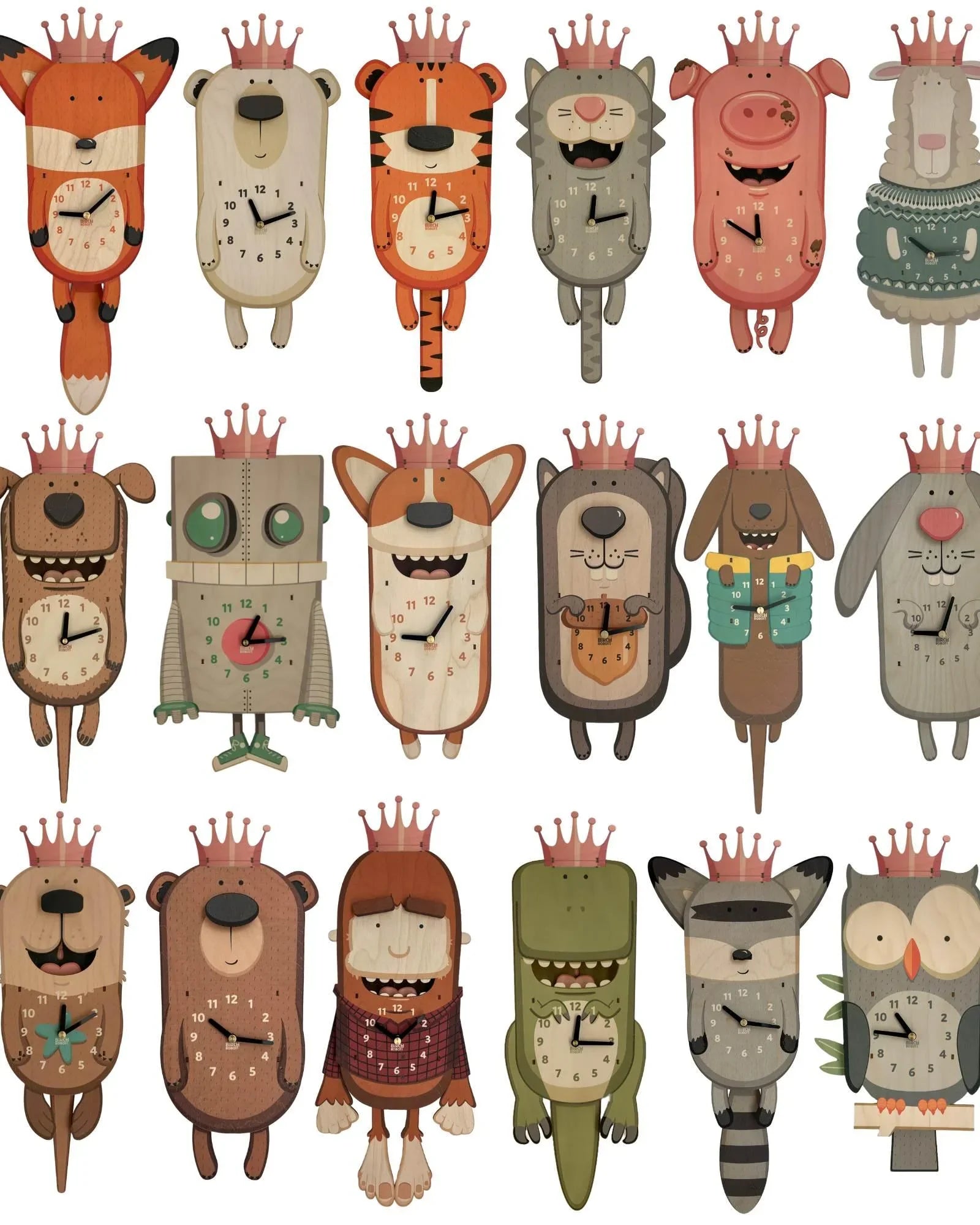 Cute animal-shaped wall clocks with crowns, handcrafted, colorful, and whimsical designs.