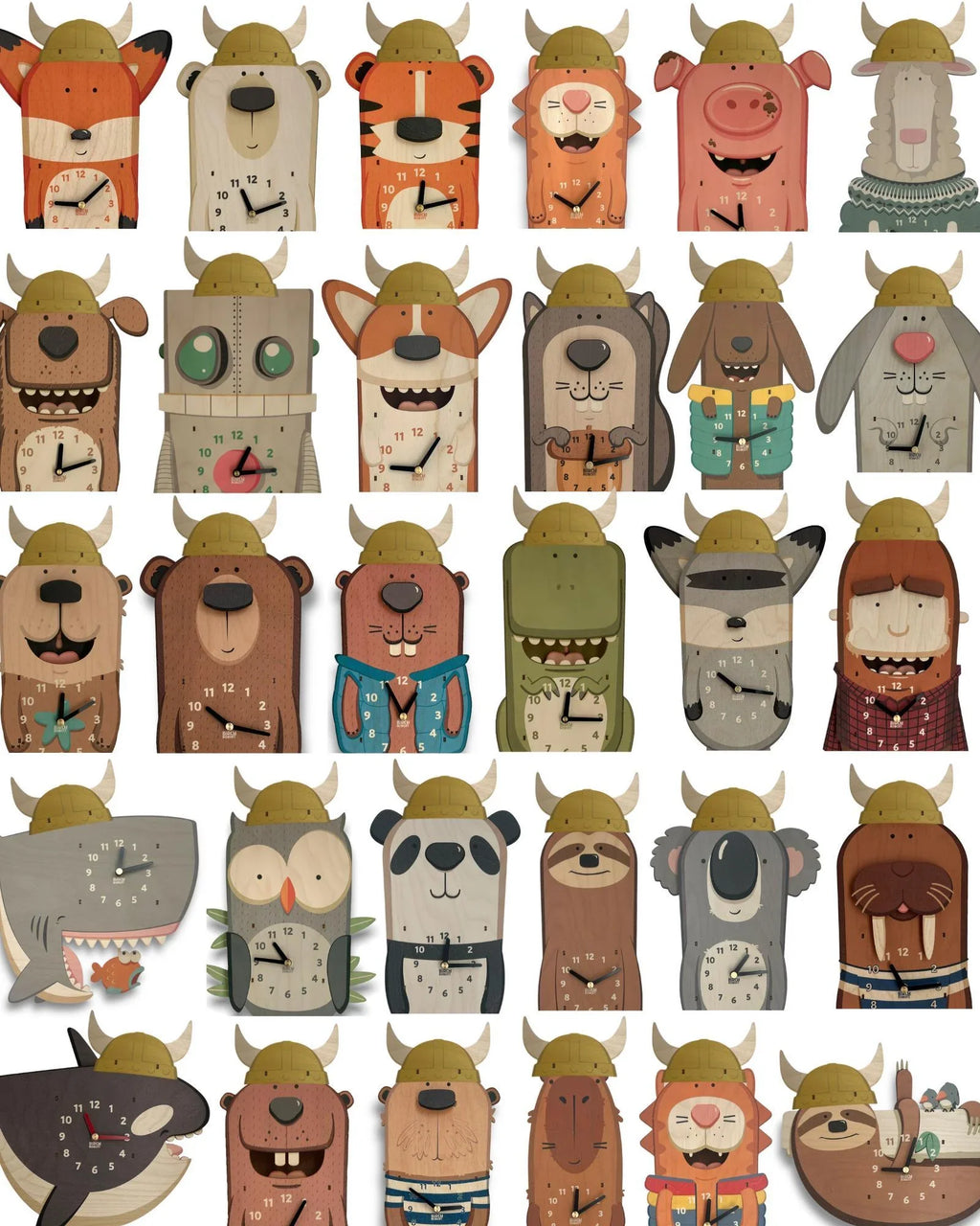 Handcrafted wooden animal wall clocks with Viking helmets, arranged in a grid pattern