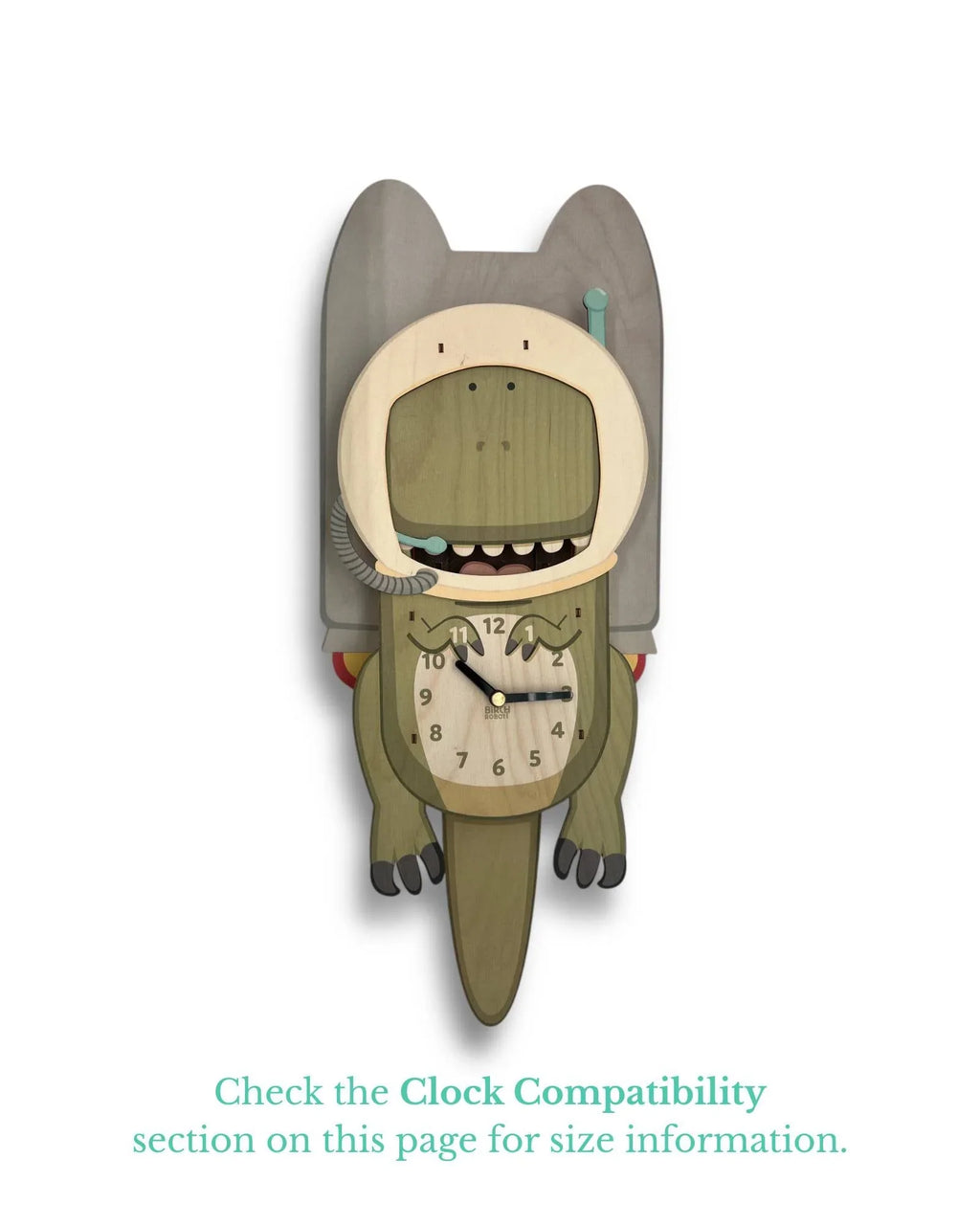 Whimsical dinosaur astronaut wall clock with wooden finish and playful design.