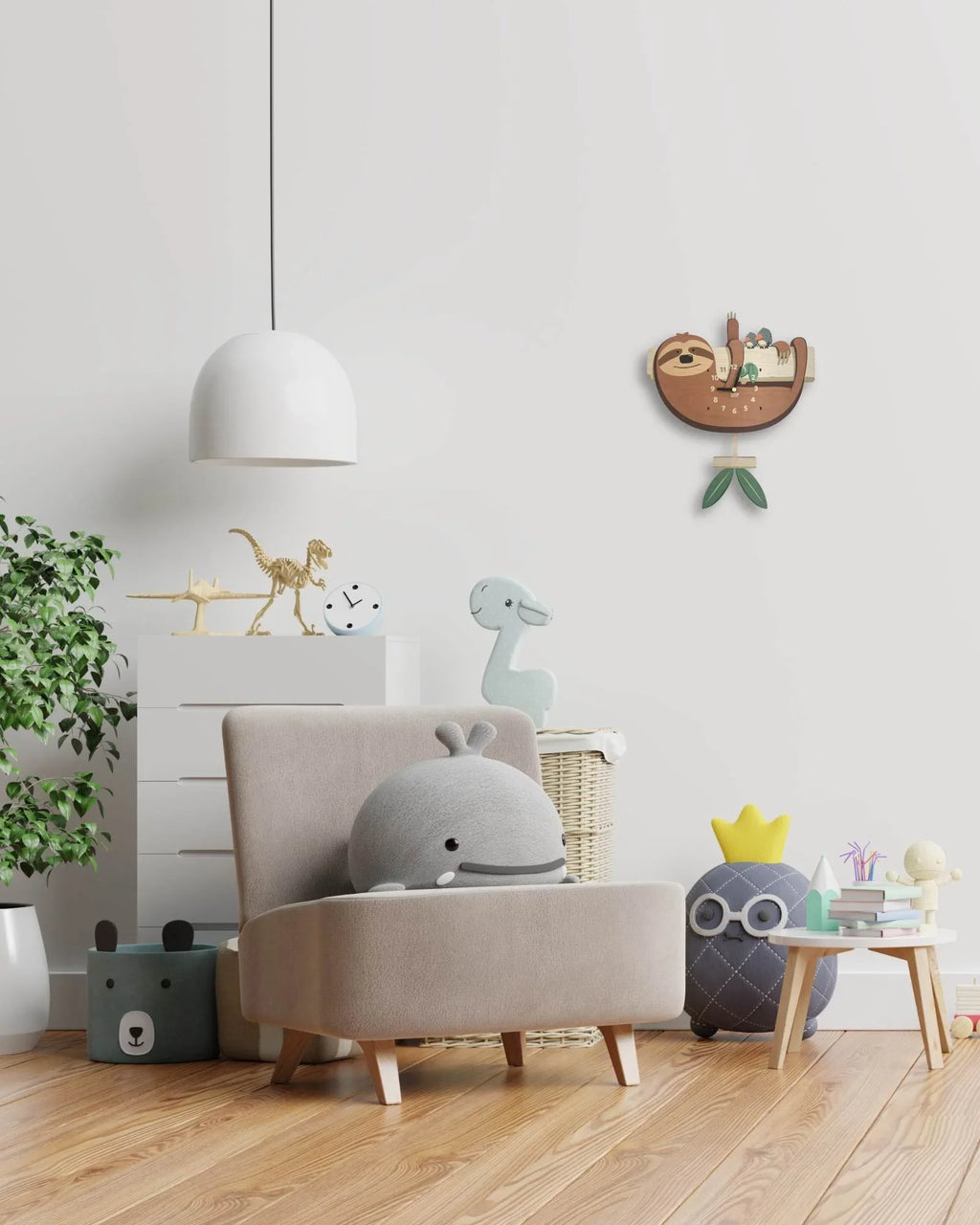 Kids bedroom with a sloth wall clock, plush toys, and playful decor accents