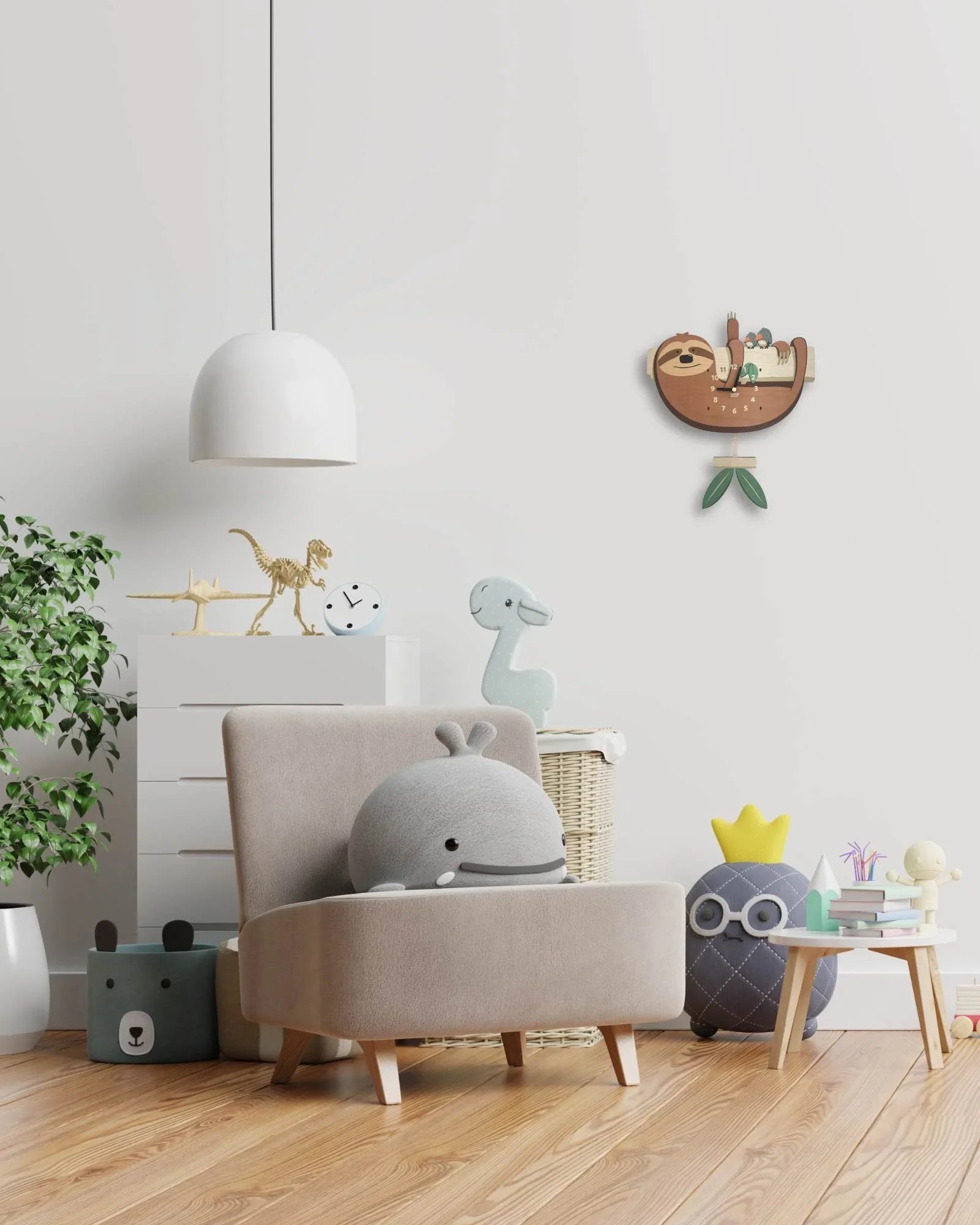 Kids bedroom with a sloth wall clock, plush toys, and playful decor accents