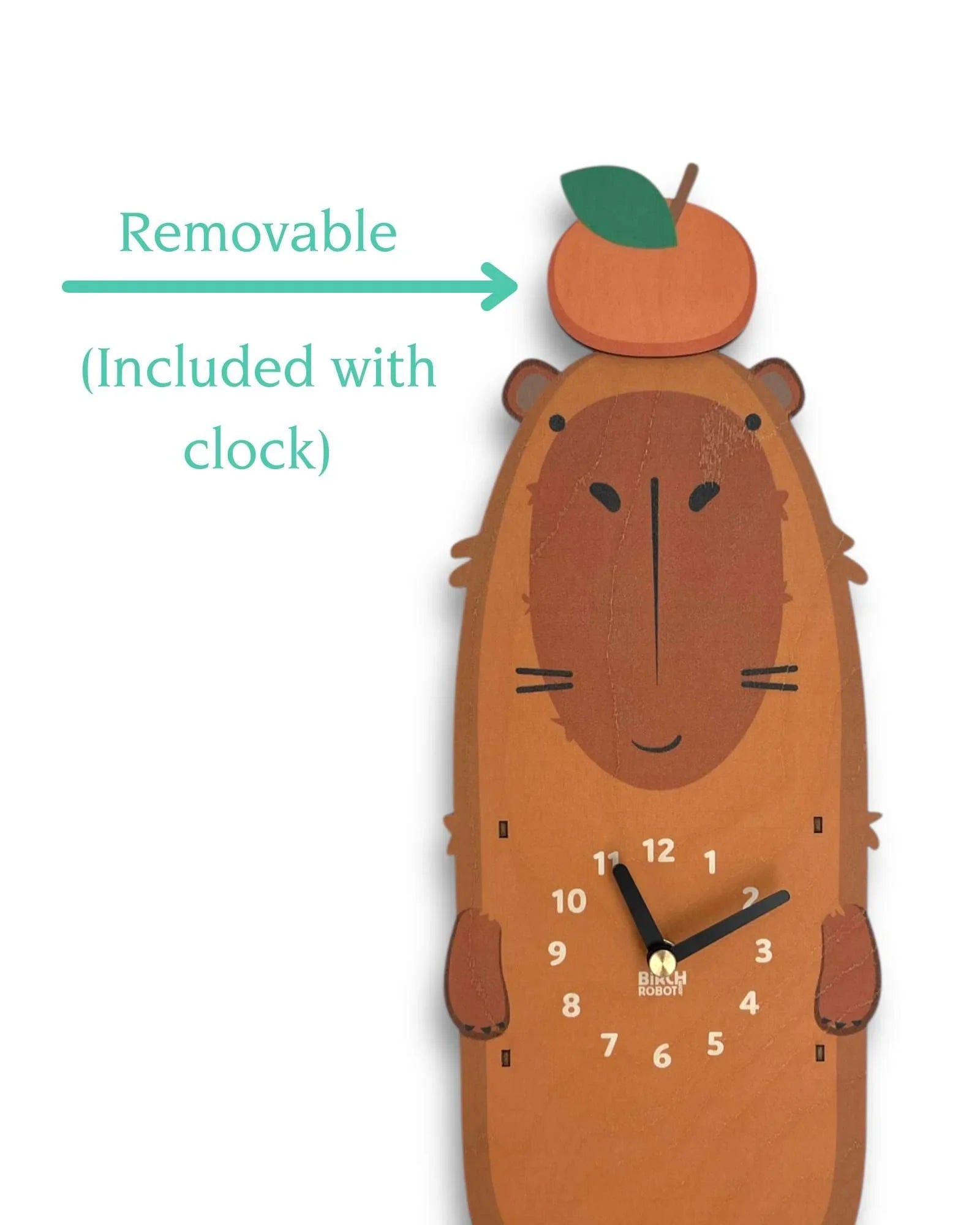 Whimsical wooden animal wall clock with removable fruit accent on head, handcrafted decor