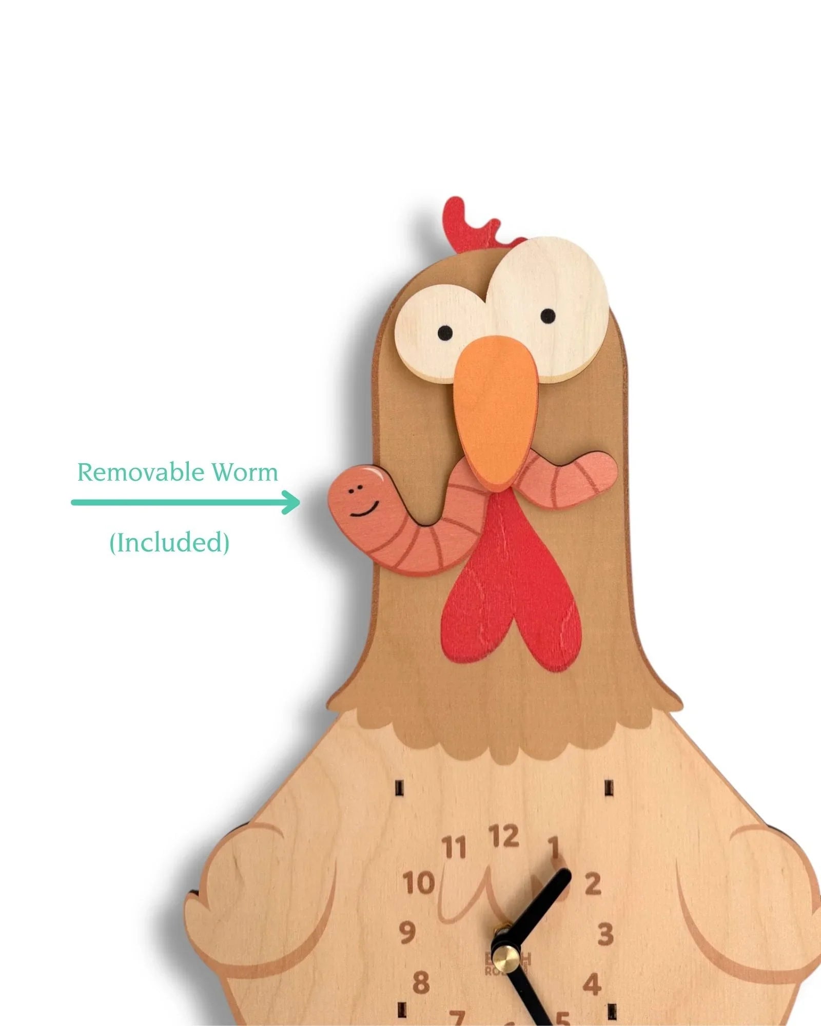 Whimsical wooden chicken wall clock with a removable worm accent, playful handcrafted decor