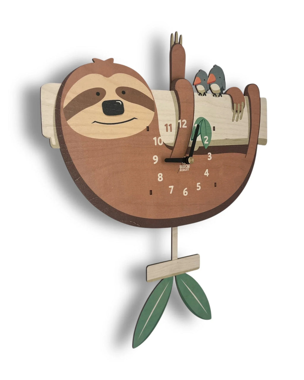Whimsical wooden sloth wall clock with swinging leaf pendulum and two birds on a branch