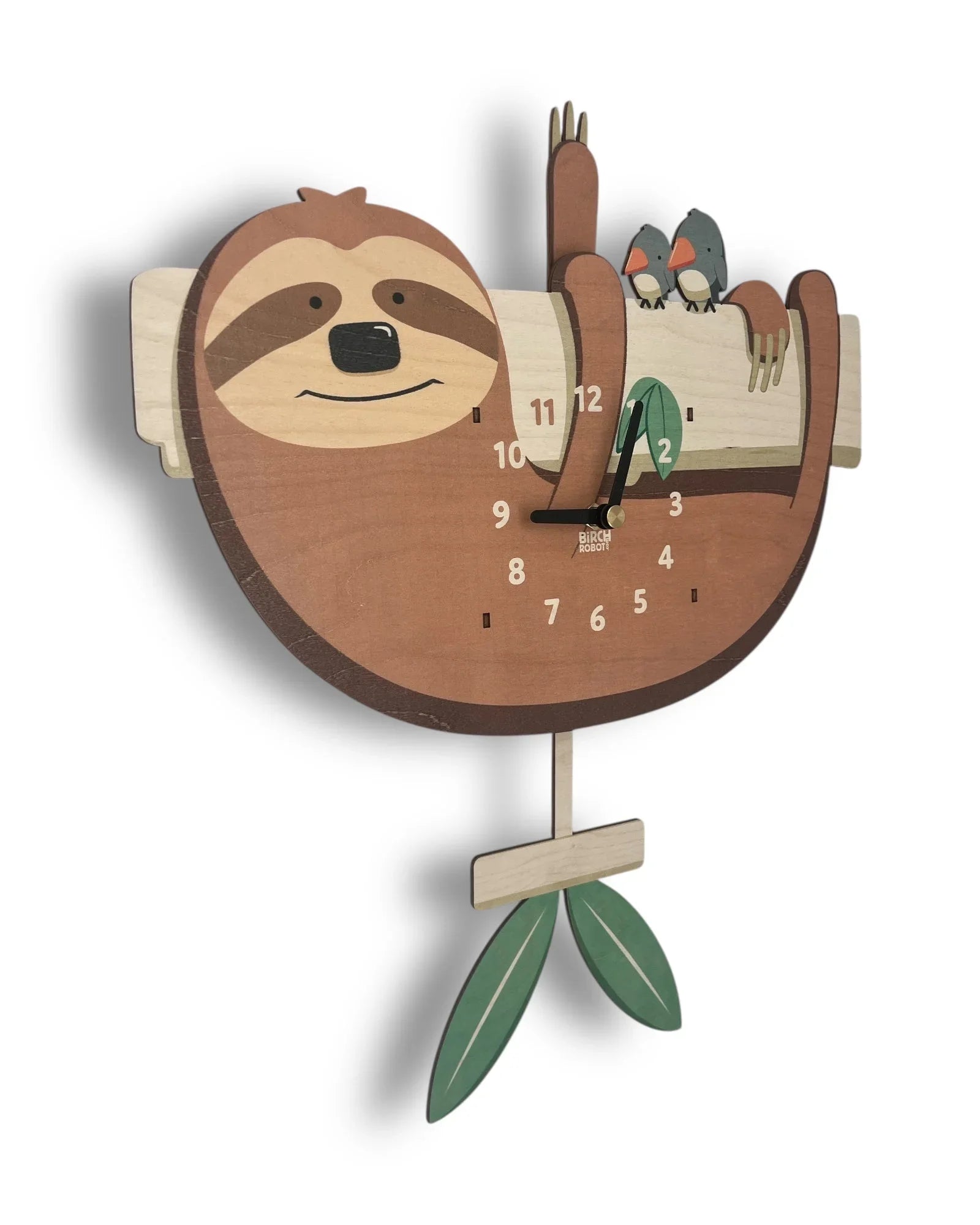 Whimsical wooden sloth wall clock with swinging leaf pendulum and two birds on a branch