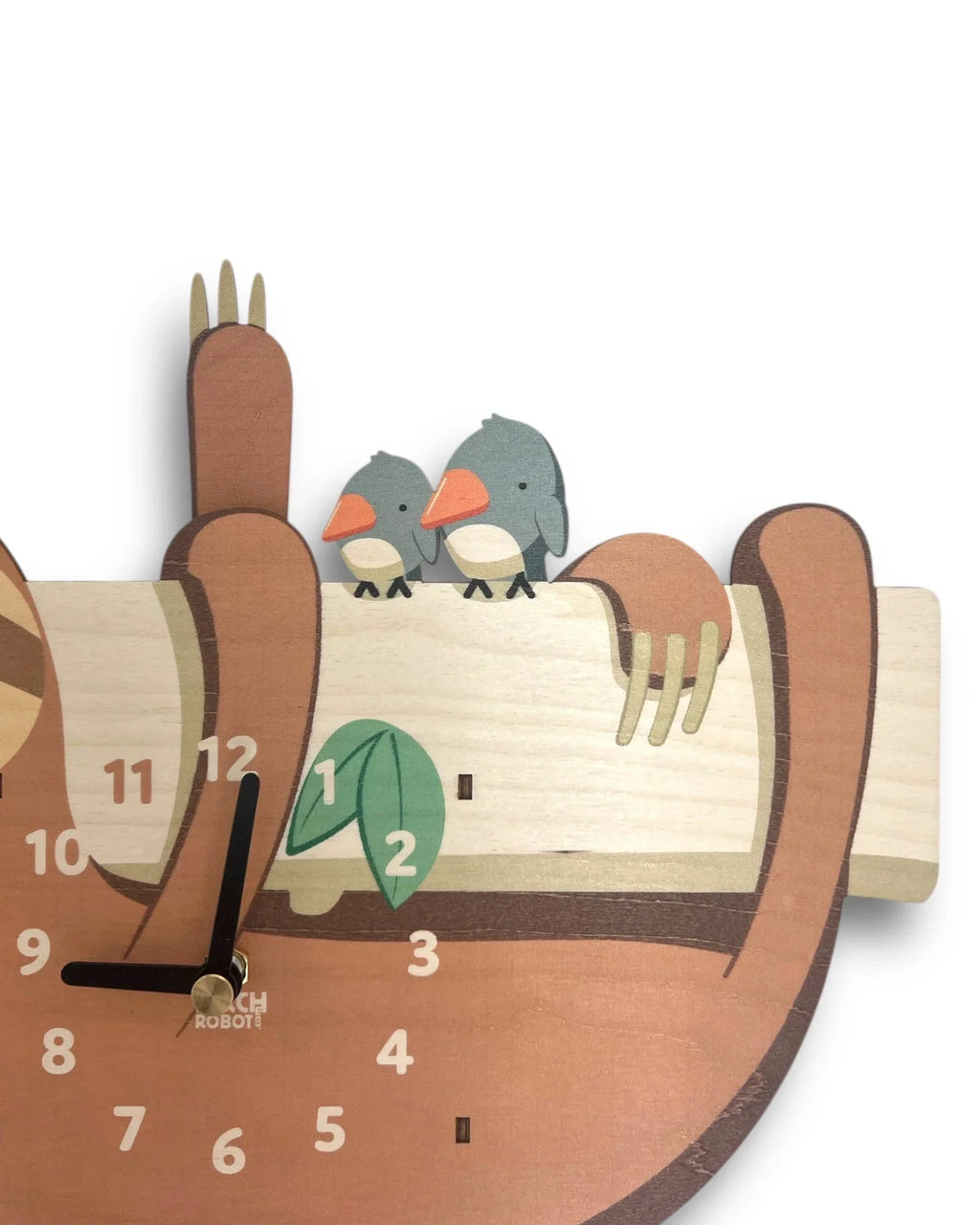 Handcrafted wooden clock with sloth and two birds on a branch design