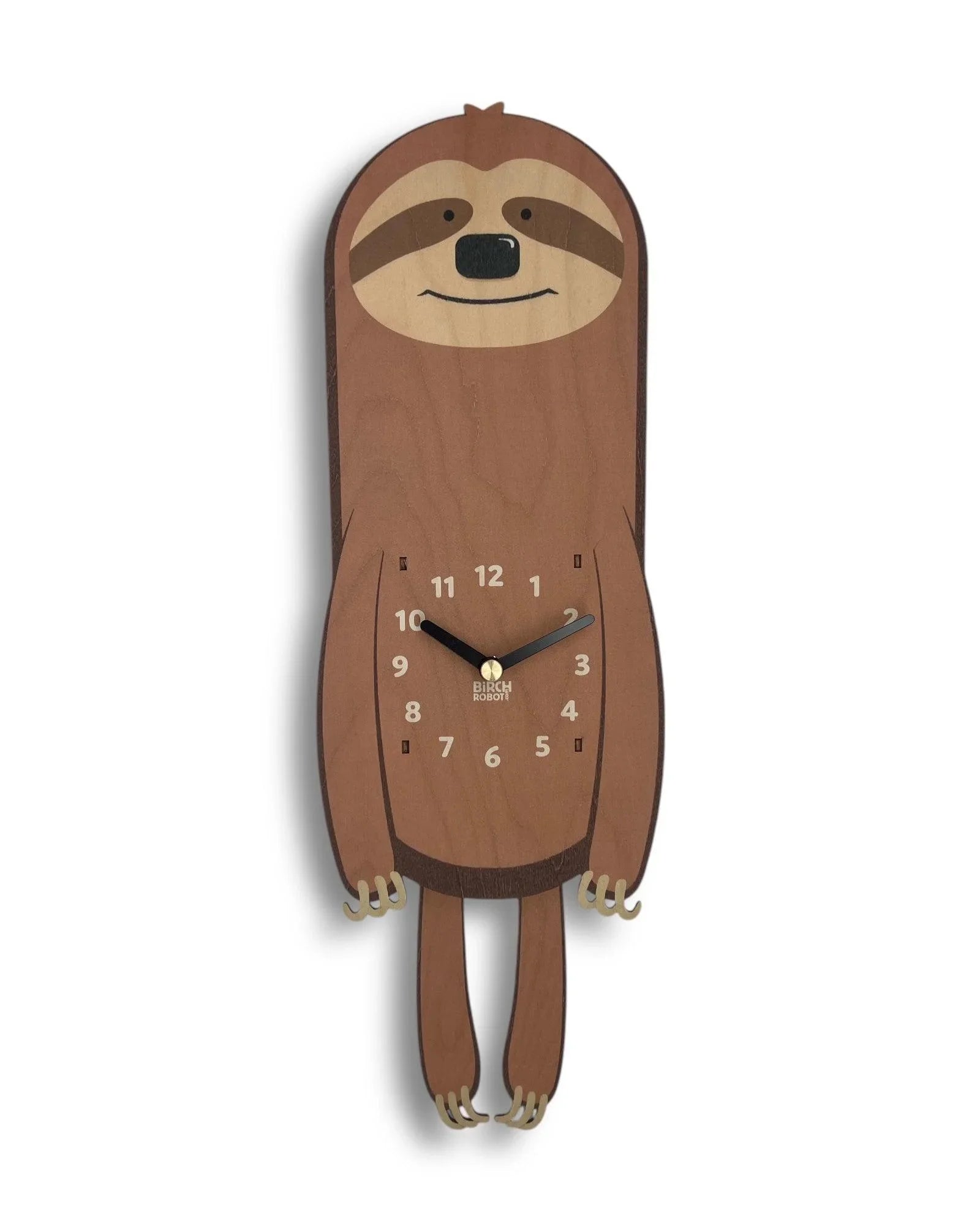 Handcrafted wooden sloth wall clock with playful design and visible clock hands.