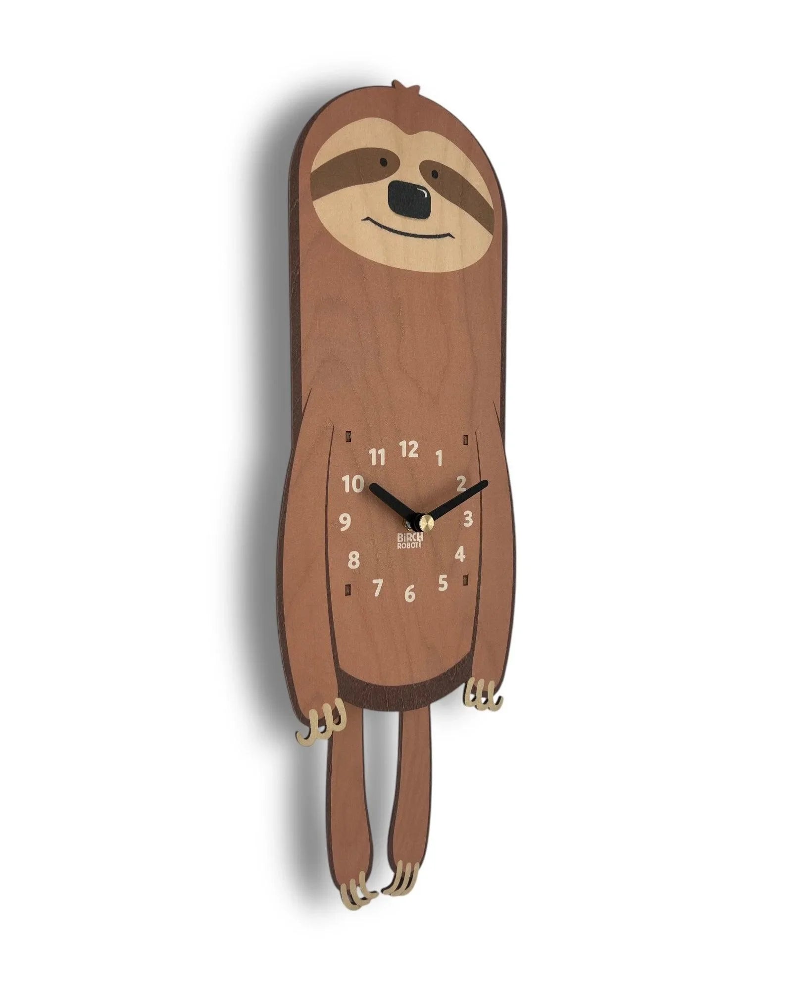 Handcrafted wooden wall clock shaped like a sloth with playful, minimalist design.