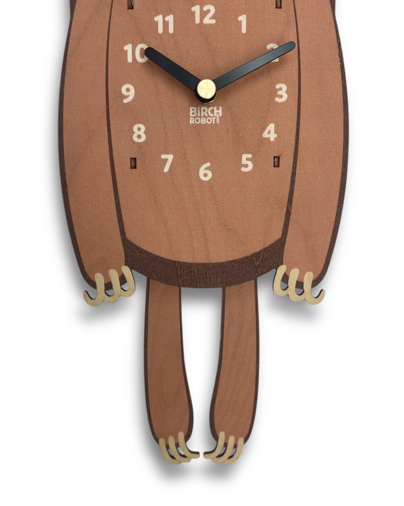 Handcrafted wooden sloth wall clock with cutout legs and playful claw details