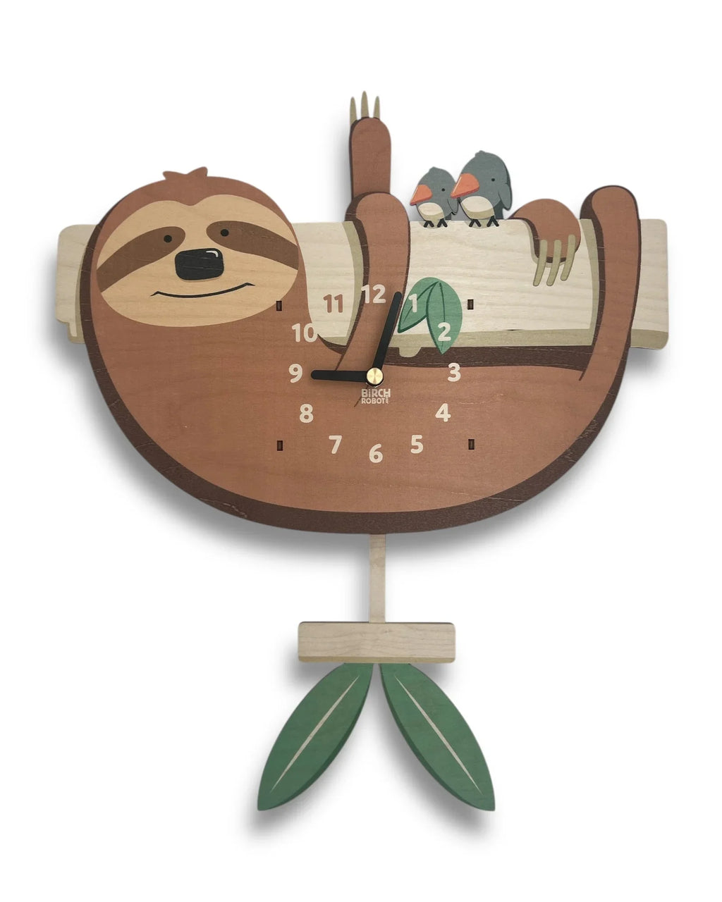 Handcrafted wooden sloth wall clock with leaf pendulum and birds, whimsical decor design