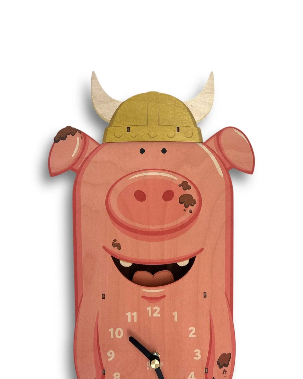 Whimsical wooden clock shaped like a pink viking pig with horns and mud spots