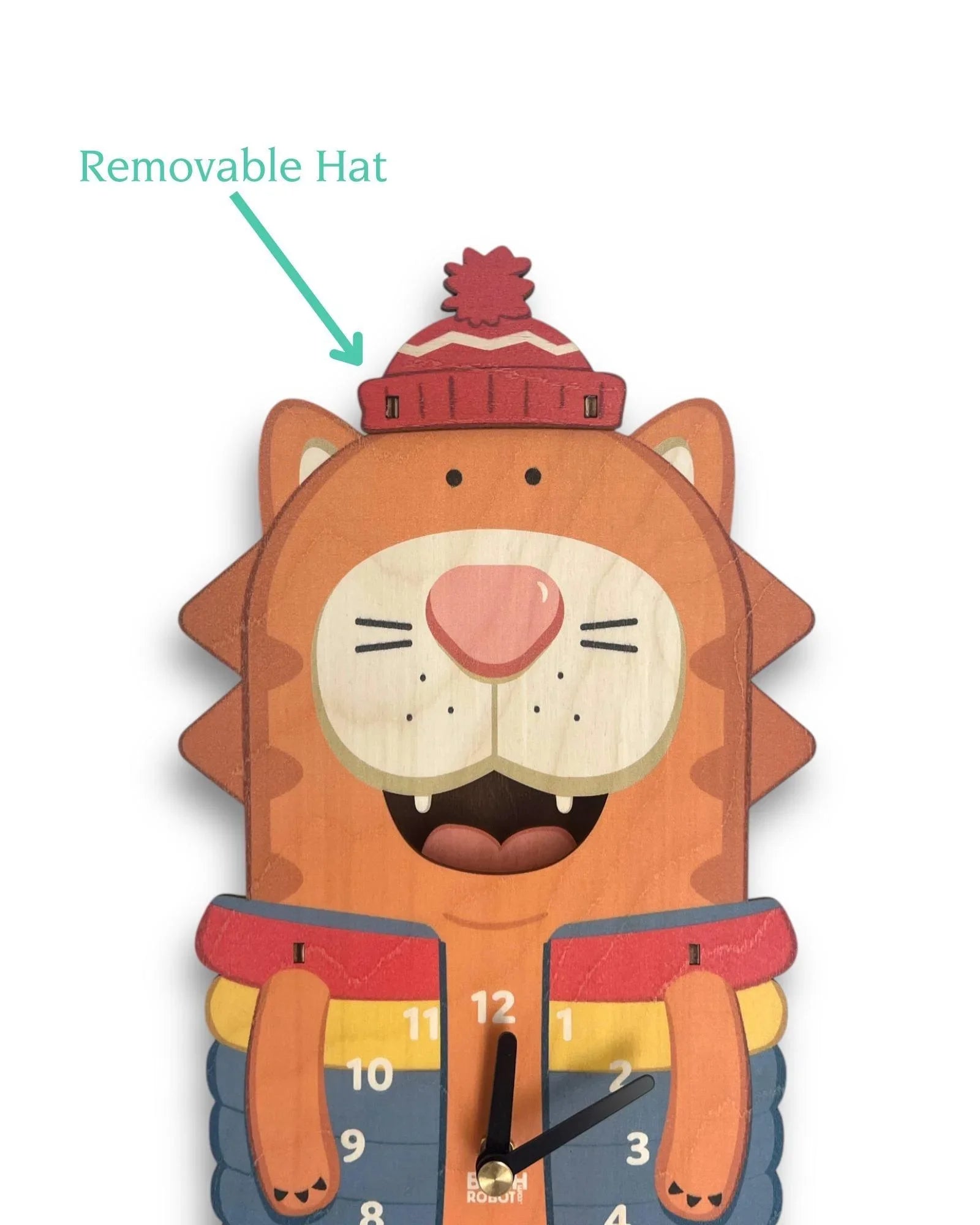 Tiger-shaped wall clock with a removable red hat and colorful jacket, whimsical design
