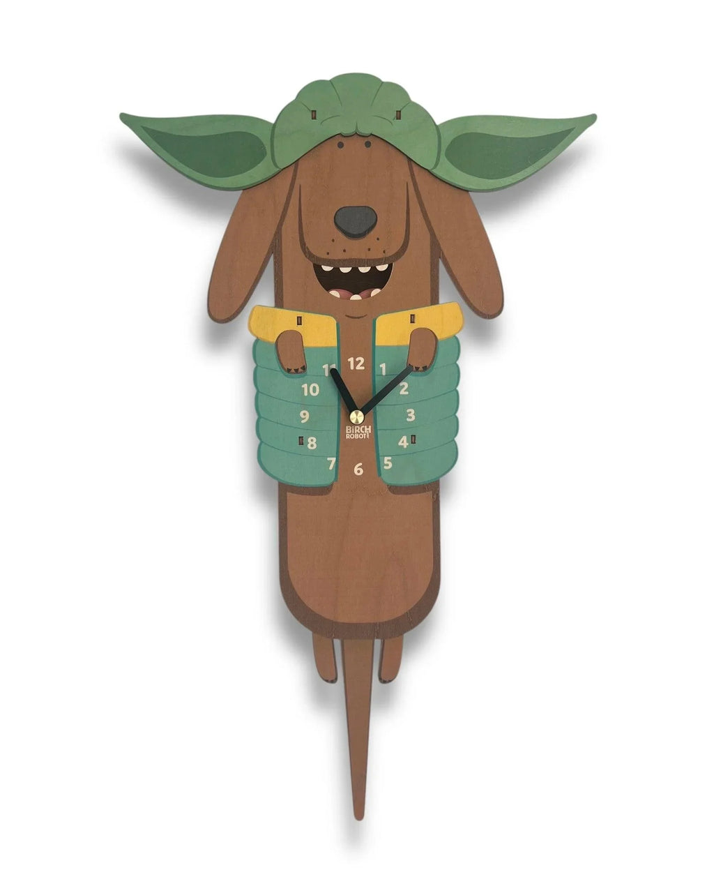 Handcrafted wooden wall clock shaped like a dog in a green hat with large ears
