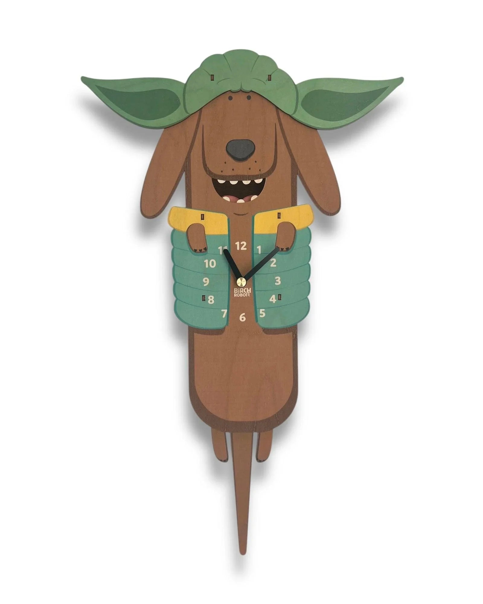 Handcrafted wooden wall clock shaped like a dog in a green hat with large ears
